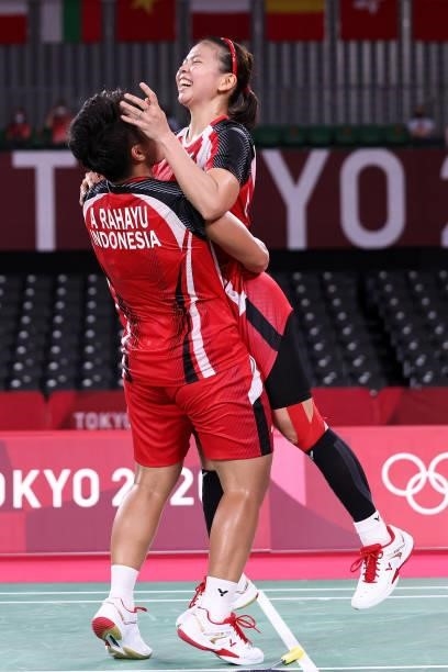 Greysia Polii and Apriyani Rahayu of Team Indonesia celebrate after their victory against Lee Sohee and Shin Seungchan of Team South Korea during a...