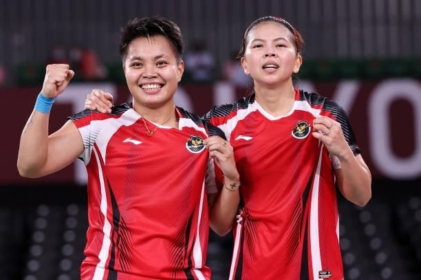 Greysia Polii and Apriyani Rahayu of Team Indonesia pose for camera after their victory against Lee Sohee and Shin Seungchan of Team South Korea...