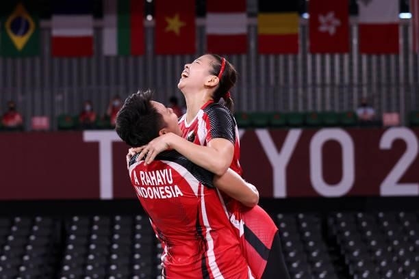 Greysia Polii and Apriyani Rahayu of Team Indonesia celebrate after their victory against Lee Sohee and Shin Seungchan of Team South Korea during a...