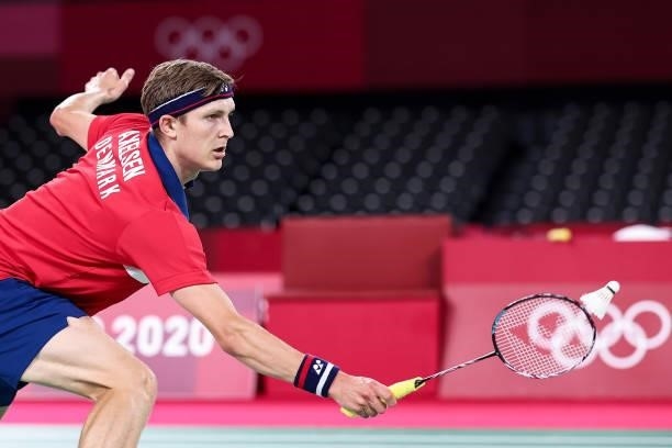 Viktor Axelsen of Team Denmark competes against Shi Yu Qi of Team China during a Men's Singles Quarterfinal match on day eight of the Tokyo 2020...