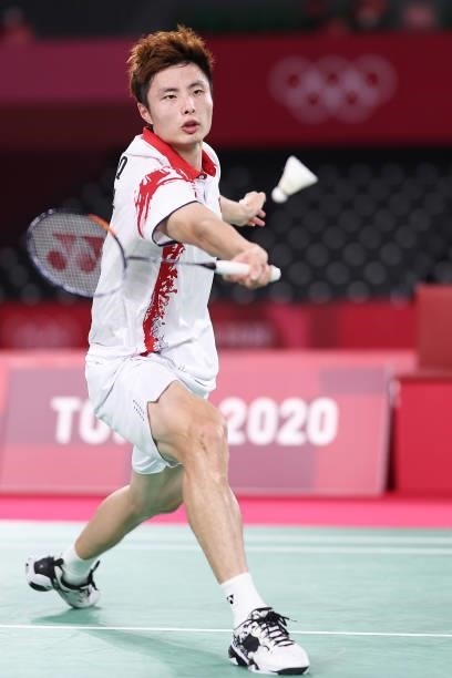 Shi Yu Qi of Team China competes against Viktor Axelsen of Team Denmark during a Men's Singles Quarterfinal match on day eight of the Tokyo 2020...