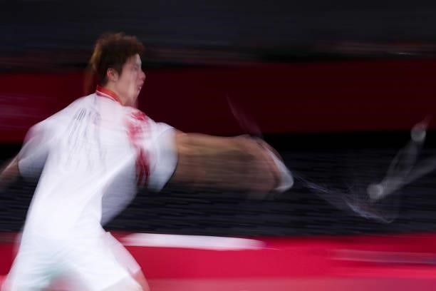 Shi Yu Qi of Team China competes against Viktor Axelsen of Team Denmark during a Men's Singles Quarterfinal match on day eight of the Tokyo 2020...