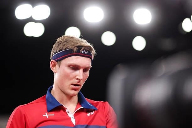 Viktor Axelsen of Team Denmark reacts as he competes against Shi Yu Qi of Team China during a Men's Singles Quarterfinal match on day eight of the...