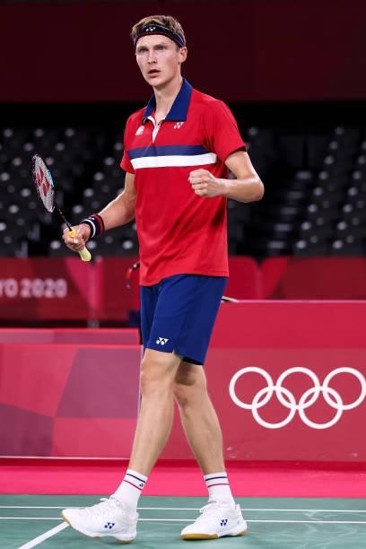 Viktor Axelsen of Team Denmark celebrates as he wins against Shi Yu Qi of Team China during a Men's Singles Quarterfinal match on day eight of the...