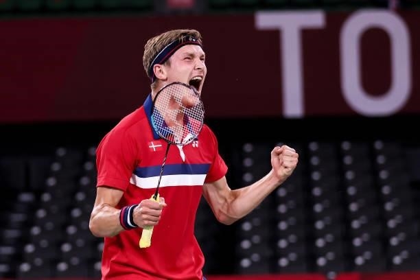 Viktor Axelsen of Team Denmark celebrates as he wins against Shi Yu Qi of Team China during a Men's Singles Quarterfinal match on day eight of the...