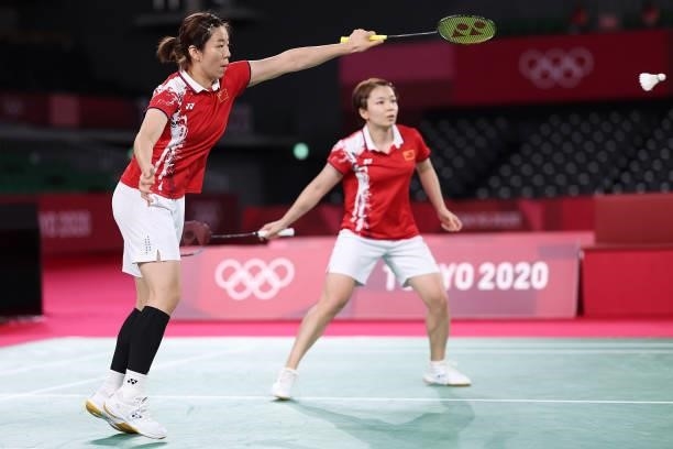Chen Qing Chen and Jia Yi Fan of Team China compete against Kim Soyeong and Kong Heeyong of Team South Korea during a Women’s Doubles Semi-final...