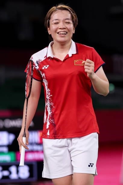 Chen Qing Chen and Jia Yi Fan of Team China react as they compete against Kim Soyeong and Kong Heeyong of Team South Korea during a Women’s Doubles...