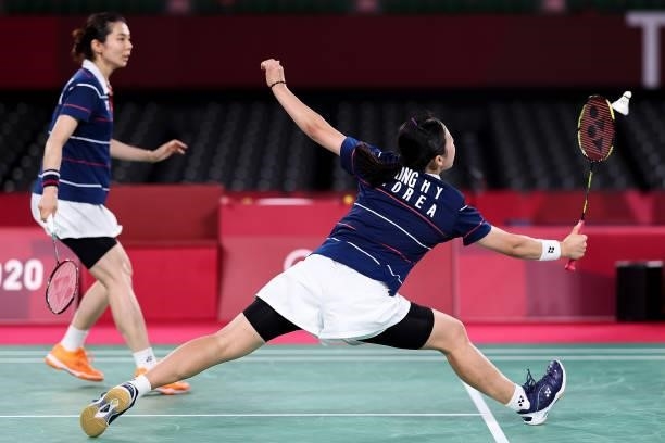 Kim Soyeong and Kong Heeyong of Team South Korea compete against Chen Qing Chen and Jia Yi Fan of Team China during a Women’s Doubles Semi-final...