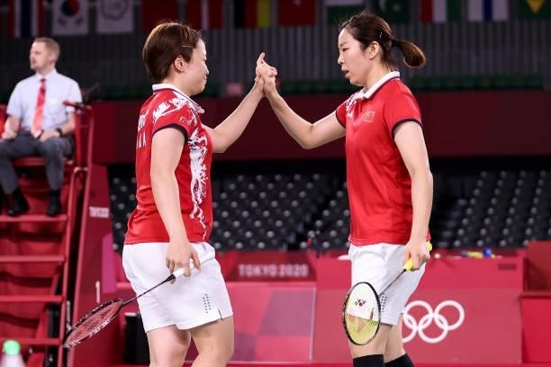 Chen Qing Chen and Jia Yi Fan of Team China celebrate as they win against Kim Soyeong and Kong Heeyong of Team South Korea during a Women’s Doubles...