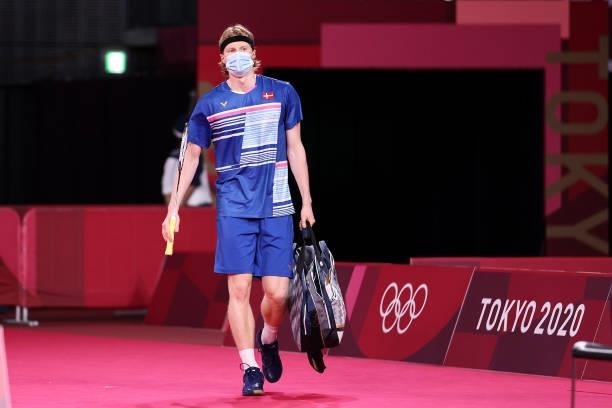 Anders Antonsen of Team Denmark steps into the court prior to the competition against Anthony Sinisuka Ginting of Team Indonesia during a Men's...