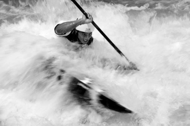 Xin Quan of Team China competes during the Men's Kayak Slalom Semi-final on day seven of the Tokyo 2020 Olympic Games at Kasai Canoe Slalom Centre on...
