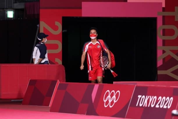 Anthony Sinisuka Ginting of Team Indonesia steps into the court prior to his competition against Anders Antonsen of Team Denmark during a Men's...