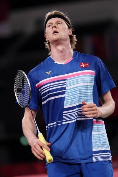 Anders Antonsen of Team Denmark reacts as he competes against Anthony Sinisuka Ginting of Team Indonesia during a Men's Singles Quarterfinal match on...