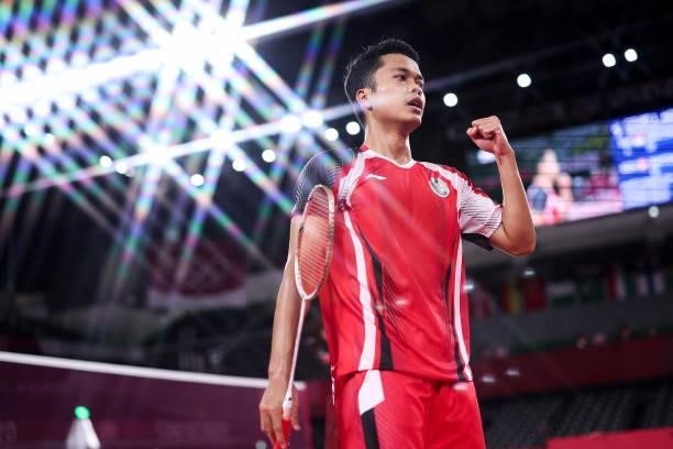Anthony Sinisuka Ginting of Team Indonesia reacts as he competes against Anders Antonsen of Team Denmark during a Men's Singles Quarterfinal match on...