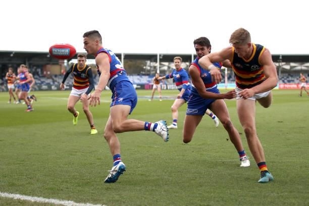 Riley Garcia of the Bulldogs moves towards the ball during the round 19 AFL match between Western Bulldogs and Adelaide Crows at Mars Stadium on July...