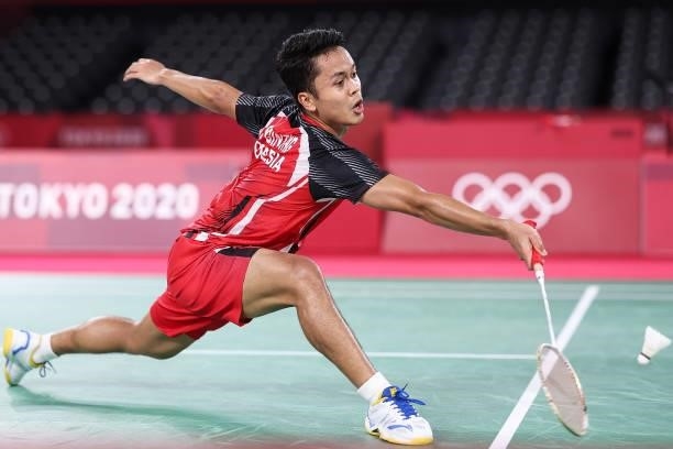 Anthony Sinisuka Ginting of Team Indonesia competes against Anders Antonsen of Team Denmark during a Men's Singles Quarterfinal match on day eight of...