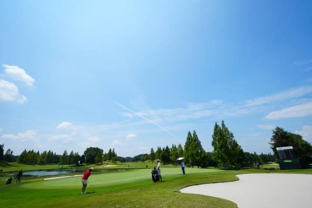 Miyu Shinkai of Japan chips onto the 9th green during the final round of Rakuten Super Ladies at Tokyu Grand Oak Golf Club on July 31, 2021 in Kato,...