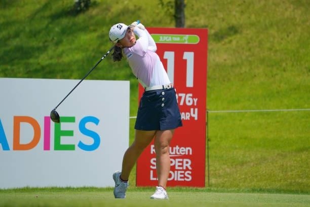 Yuri Yoshida of Japan hits her tee shot on the 11th hole during the final round of Rakuten Super Ladies at Tokyu Grand Oak Golf Club on July 31, 2021...