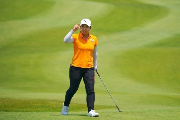 Mao Saigo of Japan celebrates a chip-in-birdie on the 11th hole during the final round of Rakuten Super Ladies at Tokyu Grand Oak Golf Club on July...