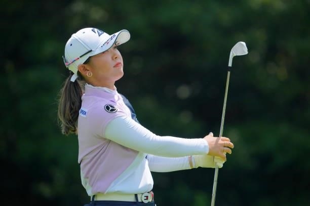 Yuri Yoshida of Japan hits her tee shot on the 12th hole during the final round of Rakuten Super Ladies at Tokyu Grand Oak Golf Club on July 31, 2021...