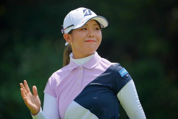 Yuri Yoshida of Japan reacts after her tee shot on the 12th hole during the final round of Rakuten Super Ladies at Tokyu Grand Oak Golf Club on July...