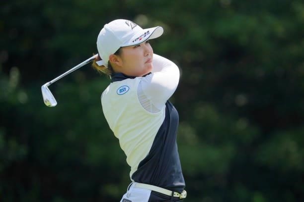 Sayaka Takahashi of Japan hits her tee shot on the 12th hole during the final round of Rakuten Super Ladies at Tokyu Grand Oak Golf Club on July 31,...