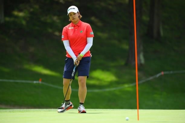 Mayu Hamada of Japan reacts after a putt on the 16th green during the final round of Rakuten Super Ladies at Tokyu Grand Oak Golf Club on July 31,...