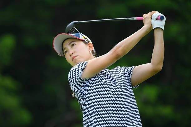 Momoko Ueda of Japan hits her tee shot on the 17th hole during the final round of Rakuten Super Ladies at Tokyu Grand Oak Golf Club on July 31, 2021...