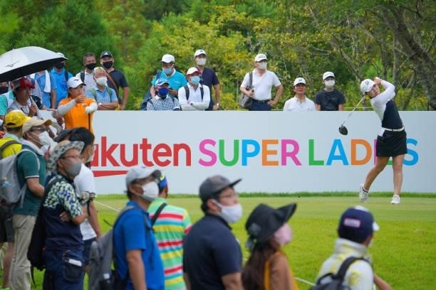 Sayaka Takahashi of Japan hits her tee shot on the 16th hole during the final round of Rakuten Super Ladies at Tokyu Grand Oak Golf Club on July 31,...