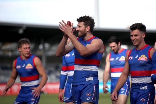 Marcus Bontempelli of the Bulldogs leads Bulldogs players off the field following the round 19 AFL match between Western Bulldogs and Adelaide Crows...