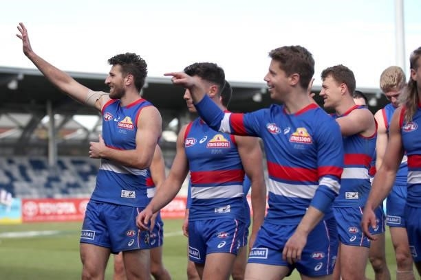 Marcus Bontempelli of the Bulldogs leads Bulldogs players off the field following the round 19 AFL match between Western Bulldogs and Adelaide Crows...
