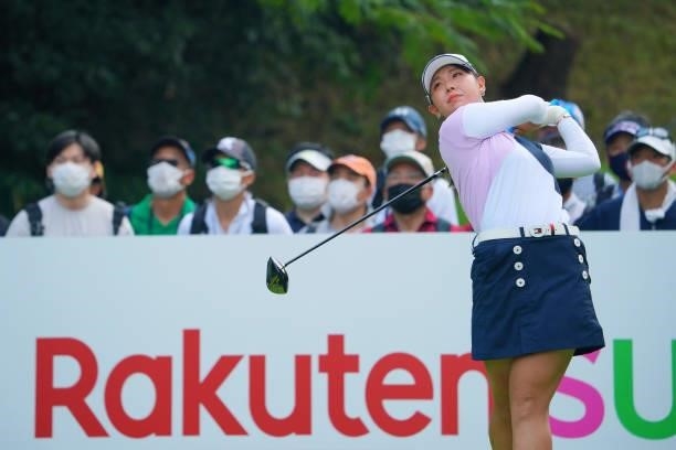 Yuri Yoshida of Japan hits her tee shot on the 18th hole during the final round of Rakuten Super Ladies at Tokyu Grand Oak Golf Club on July 31, 2021...