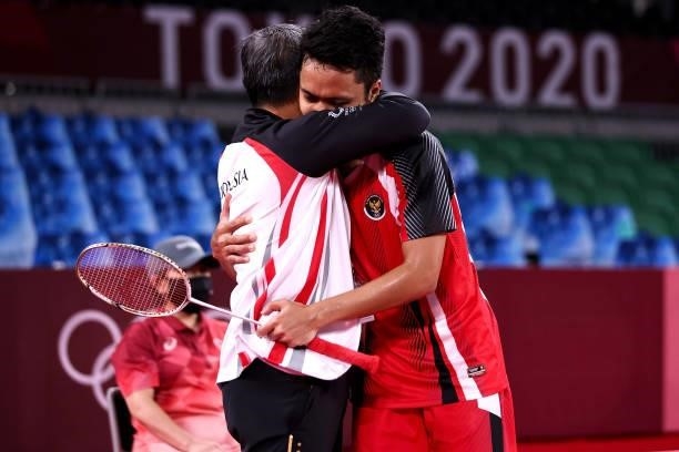 Anthony Sinisuka Ginting of Team Indonesia celebrates with his coach Hendry Ho as he wins against Anders Antonsen of Team Denmark during a Men's...
