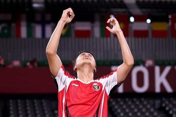 Anthony Sinisuka Ginting of Team Indonesia celebrates as he wins against Anders Antonsen of Team Denmark during a Men's Singles Quarterfinal match on...
