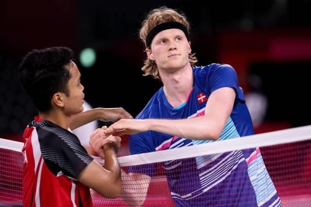 Anthony Sinisuka Ginting of Team Indonesia greets his opponent Anders Antonsen of Team Denmark after a Men's Singles Quarterfinal match on day eight...
