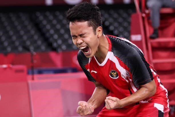 Anthony Sinisuka Ginting of Team Indonesia celebrates as he wins against Anders Antonsen of Team Denmark during a Men's Singles Quarterfinal match on...