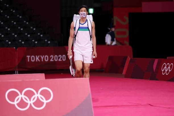 Chou Tien-chen of Team Chinese Taipei steps into the court prior to the competition against Chen Long of Team China during a Men's Singles...