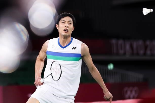Chou Tien-chen of Team Chinese Taipei competes against Chen Long of Team China during a Men's Singles Quarterfinal match on day eight of the Tokyo...