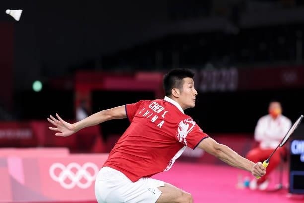 Chen Long of Team China competes against Chou Tien-chen of Team Chinese Taipei during a Men's Singles Quarterfinal match on day eight of the Tokyo...