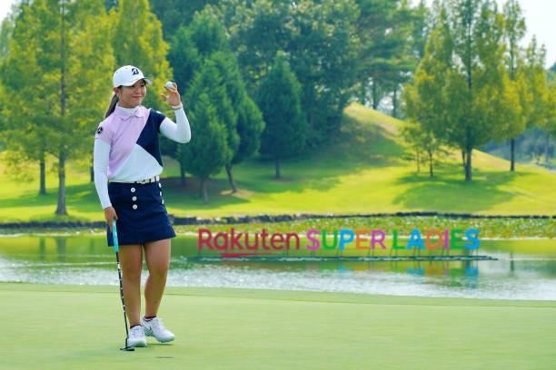 Yuri Yoshida of Japan celebrates winning the tournament on the 18th green during the final round of Rakuten Super Ladies at Tokyu Grand Oak Golf Club...