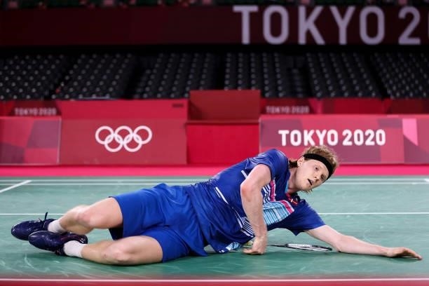 Anders Antonsen of Team Denmark competes against Anthony Sinisuka Ginting of Team Indonesia during a Men's Singles Quarterfinal match on day eight of...