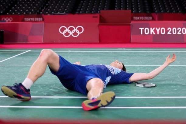 Anders Antonsen of Team Denmark competes against Anthony Sinisuka Ginting of Team Indonesia during a Men's Singles Quarterfinal match on day eight of...