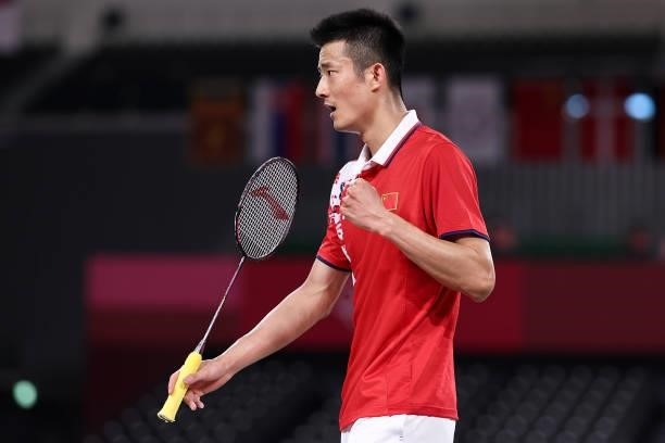 Chen Long of Team China reacts as he competes against Chou Tien-chen of Team Chinese Taipei during a Men's Singles Quarterfinal match on day eight of...