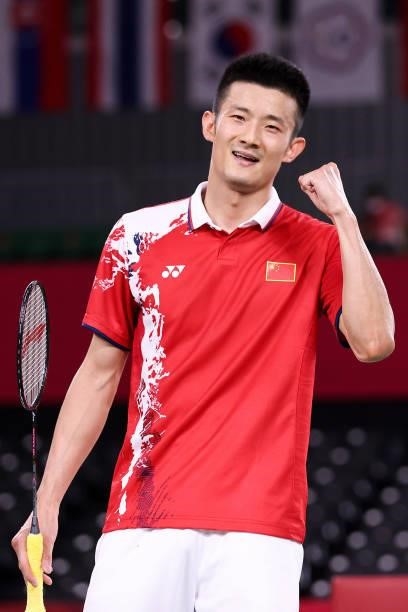 Chen Long of Team China celebrates as he wins against Chou Tien-chen of Team Chinese Taipei during a Men's Singles Quarterfinal match on day eight of...