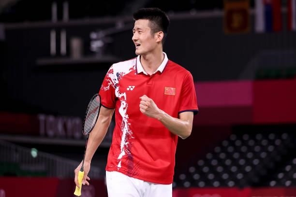Chen Long of Team China reacts as he wins against Chou Tien-chen of Team Chinese Taipei during a Men's Singles Quarterfinal match on day eight of the...