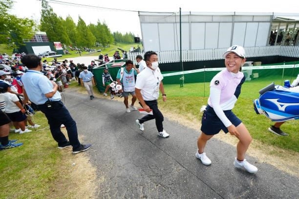 Yuri Yoshida of Japan celebrates after winning the tournament following the final round of Rakuten Super Ladies at Tokyu Grand Oak Golf Club on July...