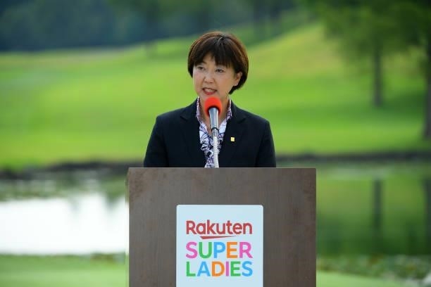 President Hiromi Kobayashi addresses during the award ceremony following the final round of Rakuten Super Ladies at Tokyu Grand Oak Golf Club on July...
