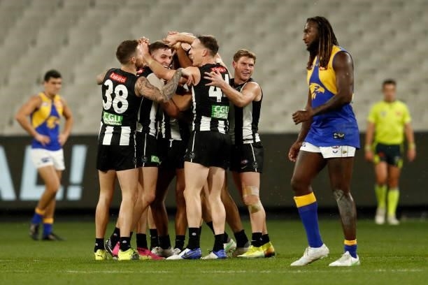 Issac Quaynor of the Magpies celebrates a goal during the round 20 AFL match between Collingwood Magpies and West Coast Eagles at Melbourne Cricket...