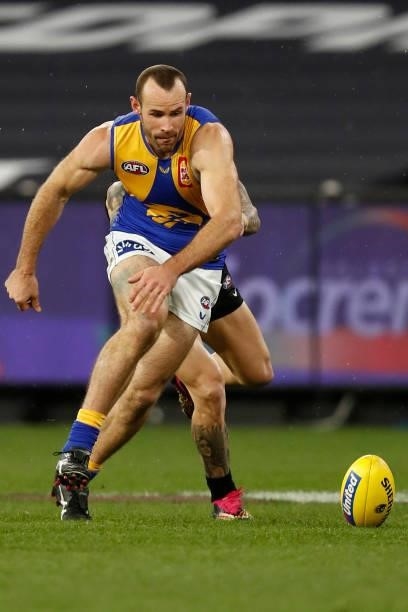Shannon Hurn of the Eagles chases the ball during the round 20 AFL match between Collingwood Magpies and West Coast Eagles at Melbourne Cricket...