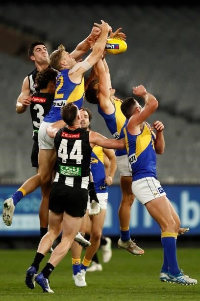 Oscar Allen of the Eagles attempts to mark the ball during the round 20 AFL match between Collingwood Magpies and West Coast Eagles at Melbourne...